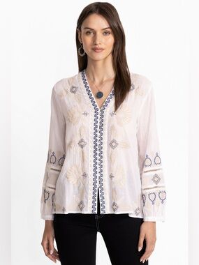 NWT Johnny Was Lisbon Blouse Small White Embroidered Boho Button Front Top